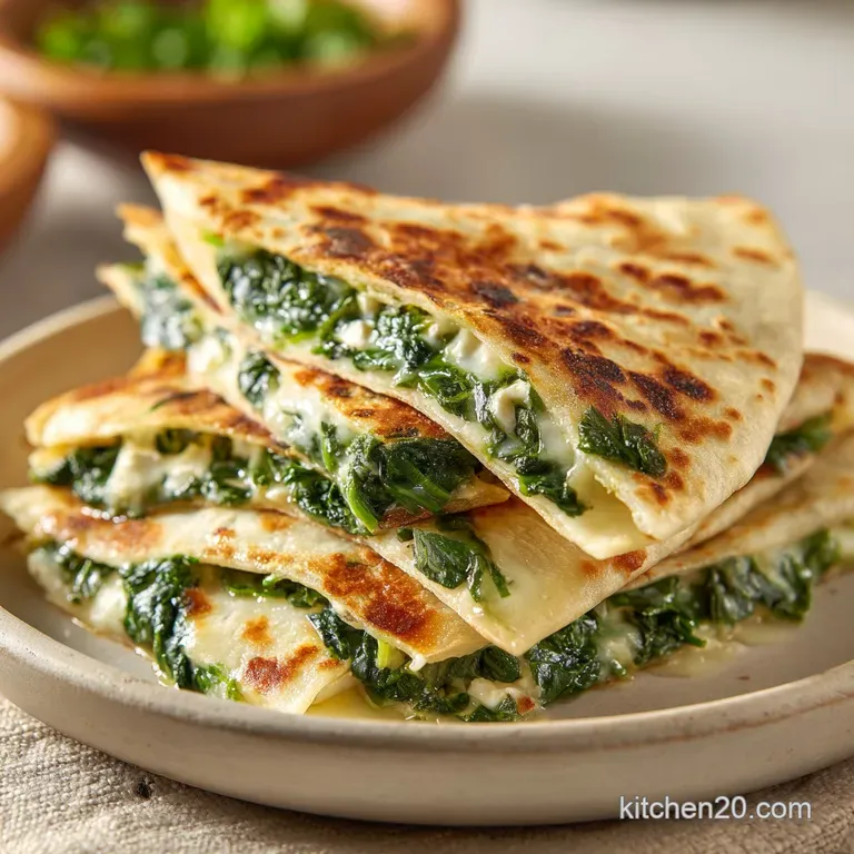 Stacked spinach feta quesadilla wedges show melted cheese oozing. Topped with a dollop of creamy white sauce and a sprinkl...