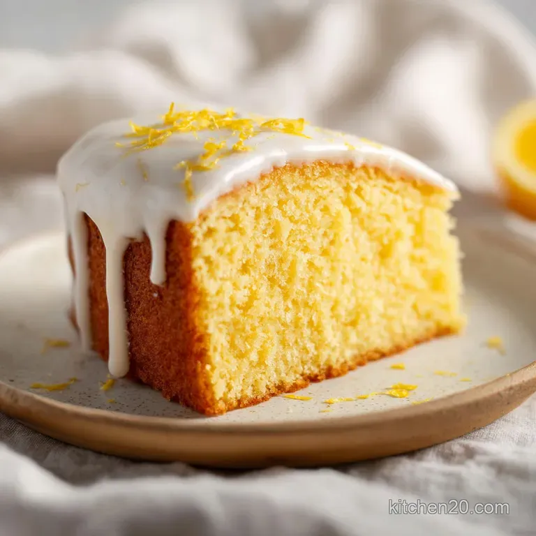 Single slice of velvety pale yellow cake on a white plate, garnished with a fresh mint leaf and a thin lemon slice.