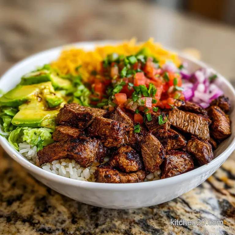 Steak burrito bowl perfection: Juicy steak atop bright citrus rice, garnished with fresh cilantro and a lime wedge. Ready ...
