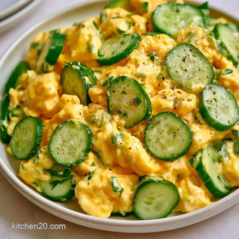 Vibrant green cucumber rounds and soft yellow eggs served in a white ceramic bowl with a sprinkle of green onions.
