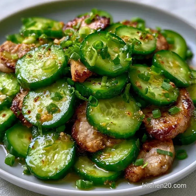 Vibrant green cucumber slices piled high in a white ceramic bowl, garnished with red chili flakes and sesame.