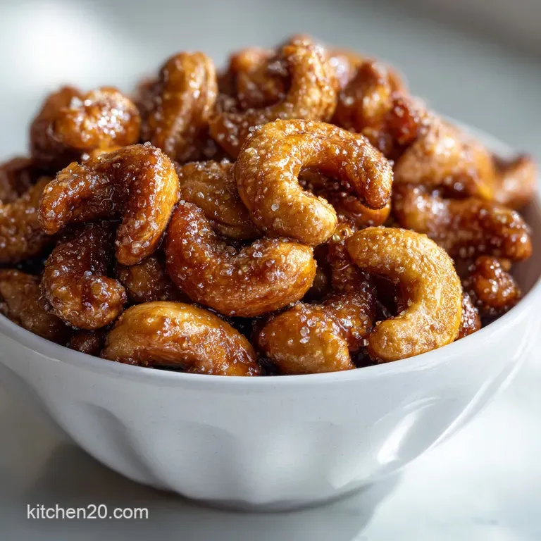 Elegant small bowl filled with candied cashews, showcasing a glistening sugar crust, delicate textures, and warm, inviting...