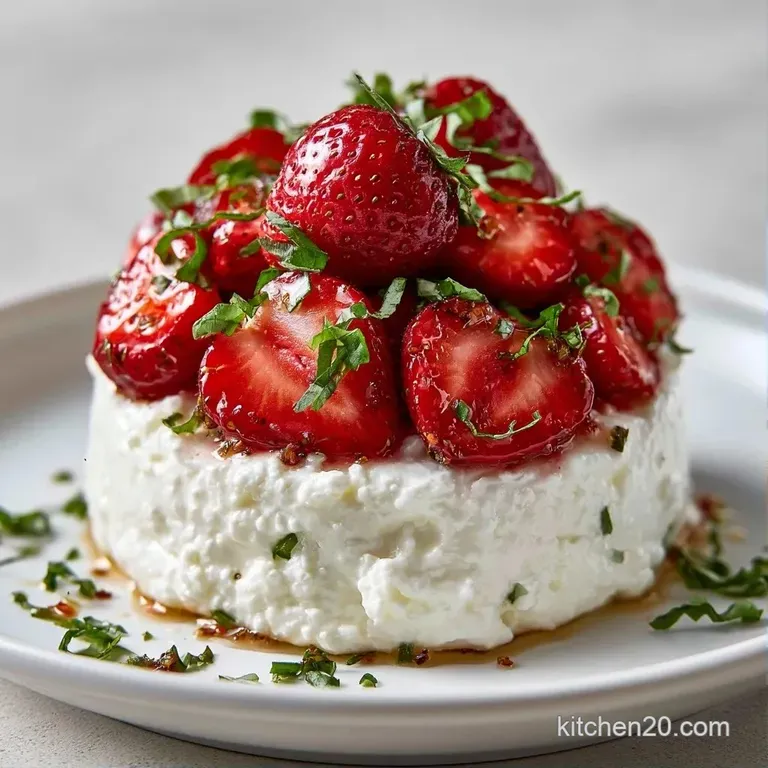 Sliced red strawberries and tiny basil leaves artfully arranged in a glass coupe with a dollop of white cream.
