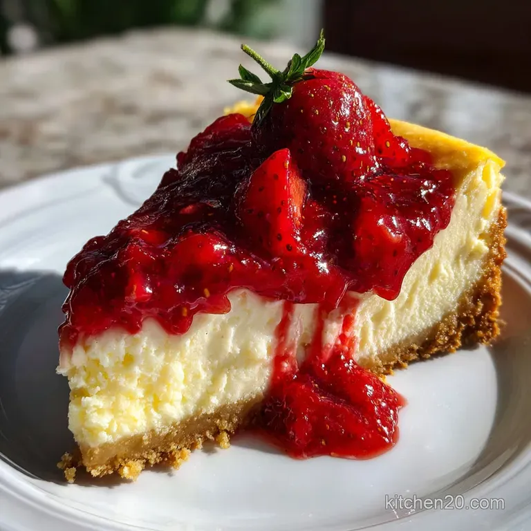 Slice of layered strawberry dump cake, creamy filling visible, topped with fresh strawberries and powdered sugar, elegant ...