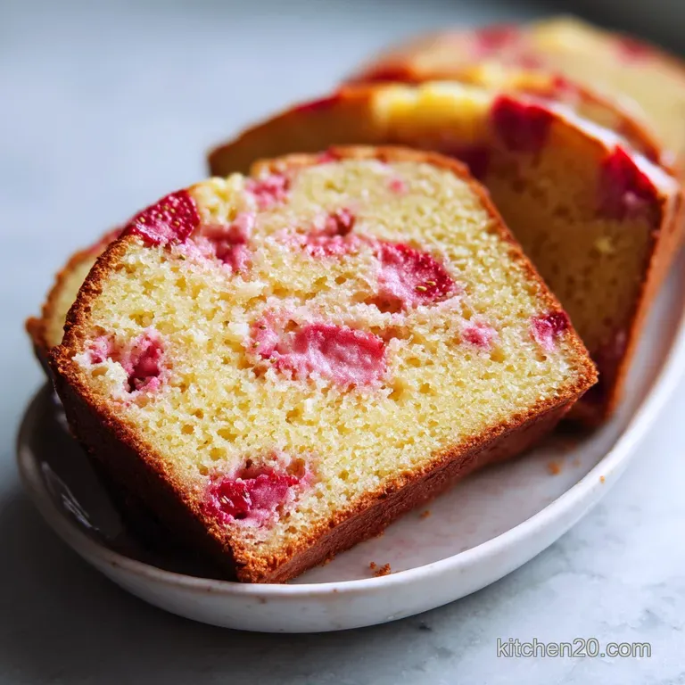 Elegant slice of pale pink sponge cake topped with a swirl of cream and a fresh strawberry on a white plate.