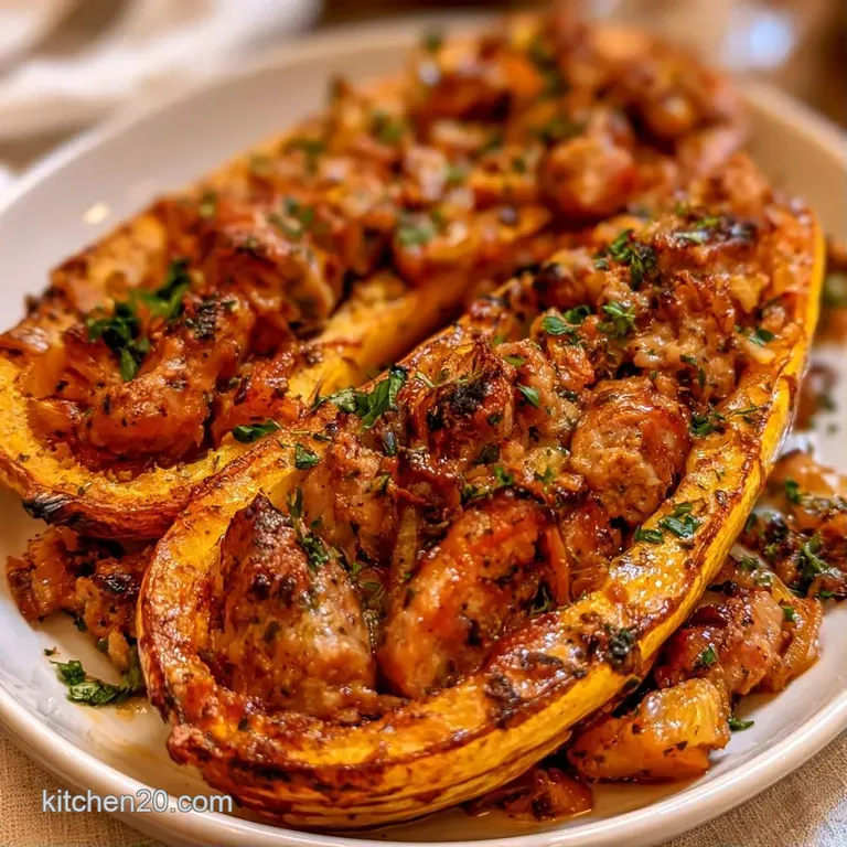Roasted yellow squash rings filled with savory sausage on a white platter, garnished with fresh green parsley.