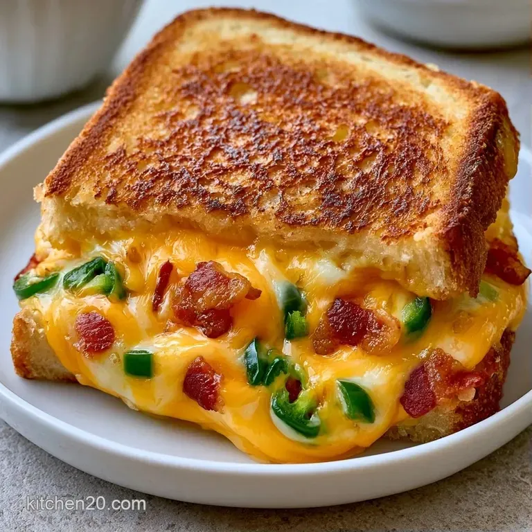 Two toasted sandwiches sliced diagonally on a white plate, showcasing gooey melted cheese and bright green jalapenos