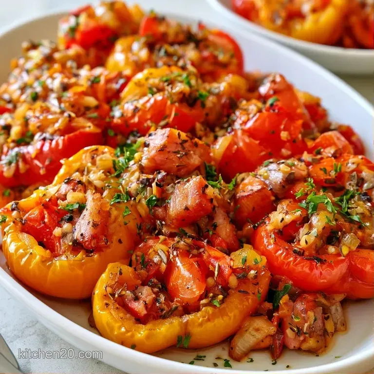 Two vibrant red peppers filled with savory beef and rice, topped with toasted cheese, served on a clean white plate.