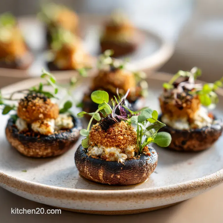 A single stuffed mushroom, glistening with olive oil, resting on a bed of fresh greens, a visually appetizing individual p...