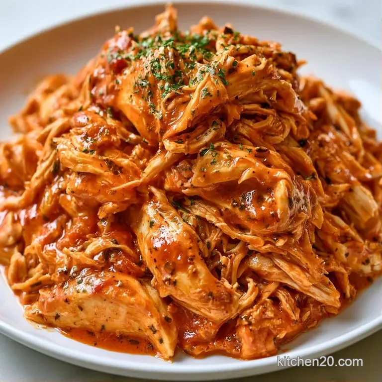 Vibrant orange-red chicken bites plated elegantly with a swirl of white cream sauce and a sprinkle of green herbs.