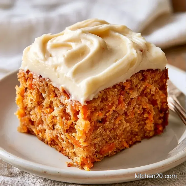 A slice of orange-hued cake on a white ceramic plate, topped with swirl of white icing and crushed walnuts