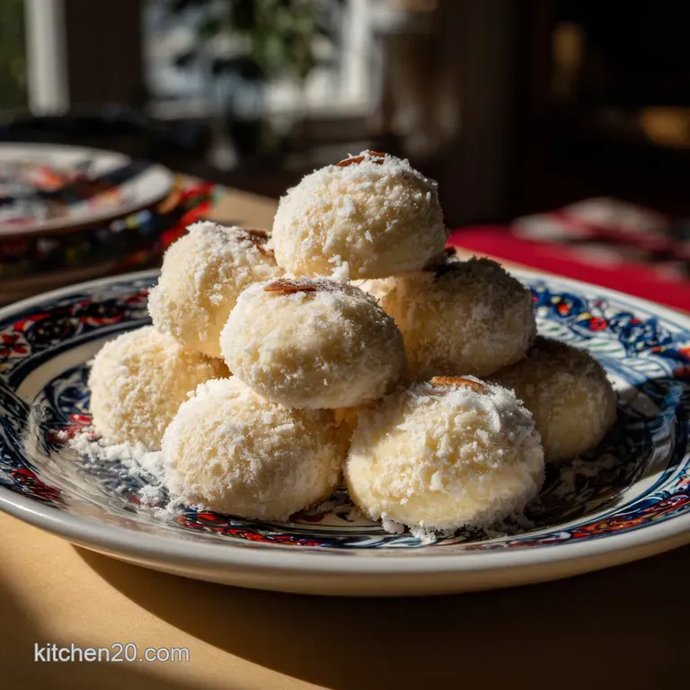 Delicate white tea cakes nestled on a patterned plate, dusted in sweetness, suggest soft, crumbly texture. Festive, sugar-...