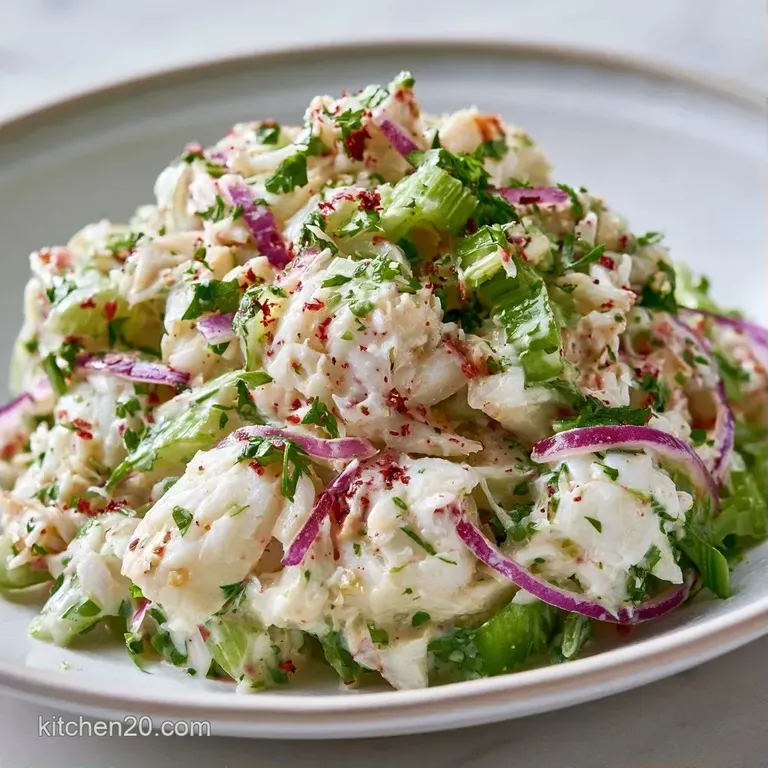 Chilled seafood salad served on a bed of crisp lettuce leaves with a lemon wedge on a white ceramic plate.
