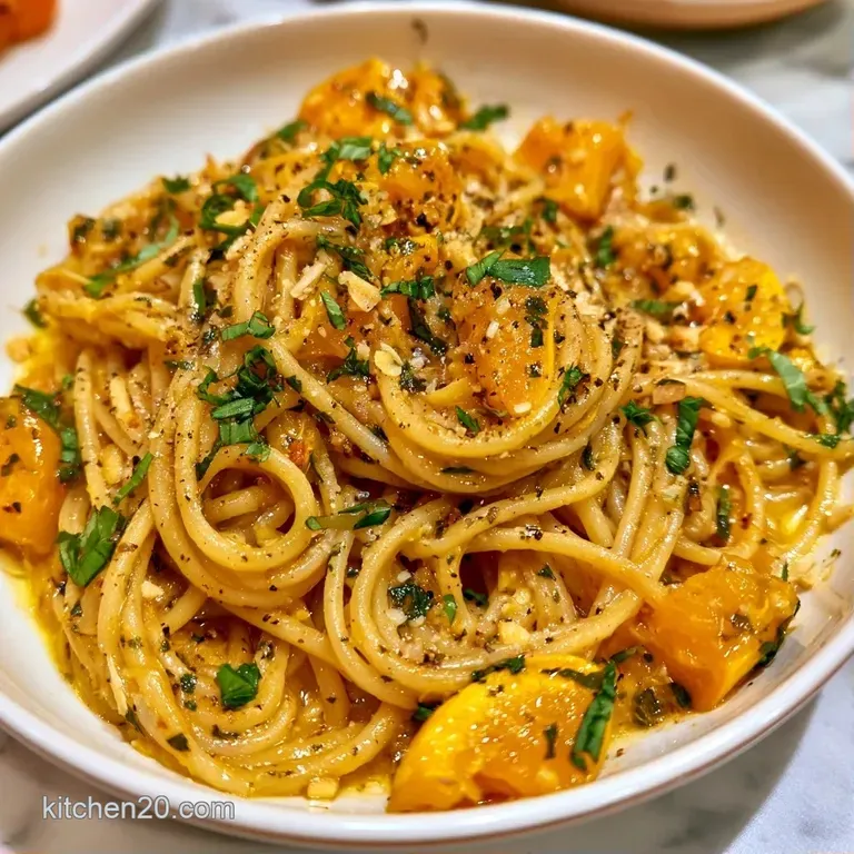 A swirl of pasta topped with sautéed golden squash and fresh basil leaves in a matte white ceramic bowl.