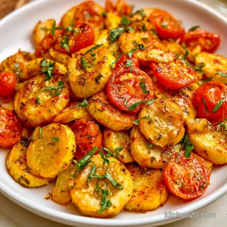 Neatly arranged yellow squash coins topped with fresh basil ribbons and a drizzle of glistening olive oil.