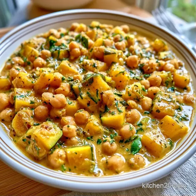 Vibrant yellow vegetable stew in a modern ceramic bowl, topped with a swirl of coconut cream and fresh green herbs.