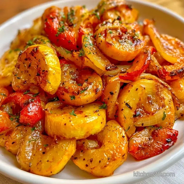 Neatly piled sautéed yellow and green squash on a white ceramic plate, garnished with a sprig of fresh thyme.