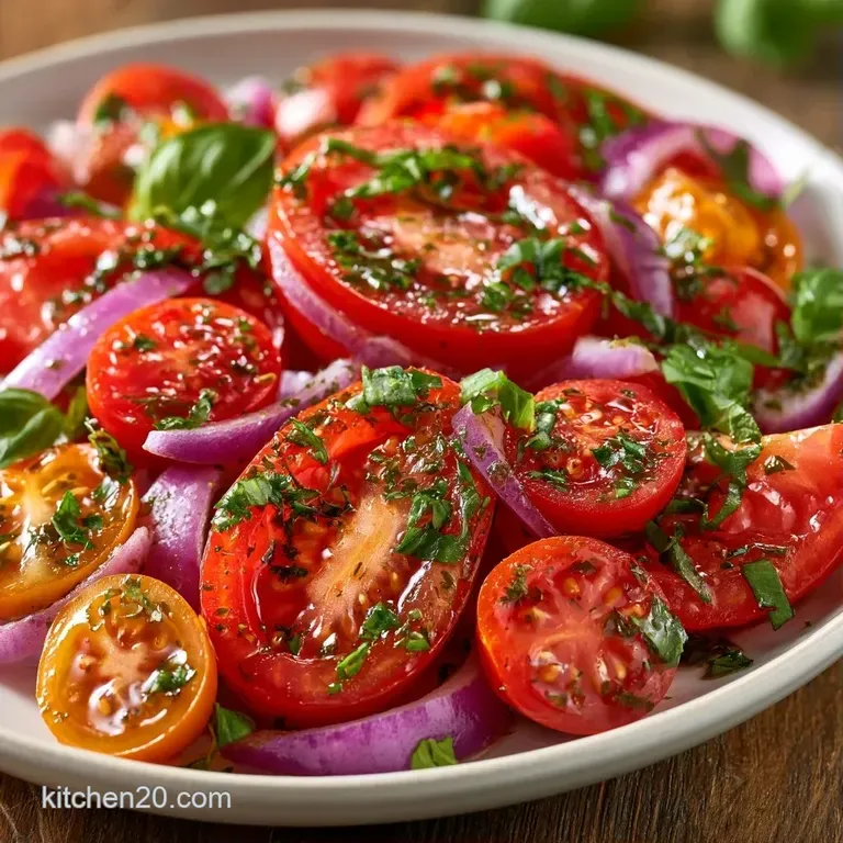 Sliced heirloom tomatoes arranged in a circle with torn basil leaves and a sprinkle of flaky sea salt on white ceramic.