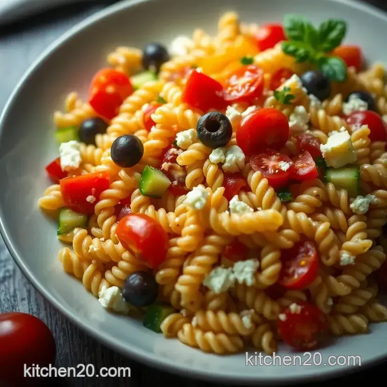 Sunny Mediterranean Pasta Salad with Feta and Olives presentation