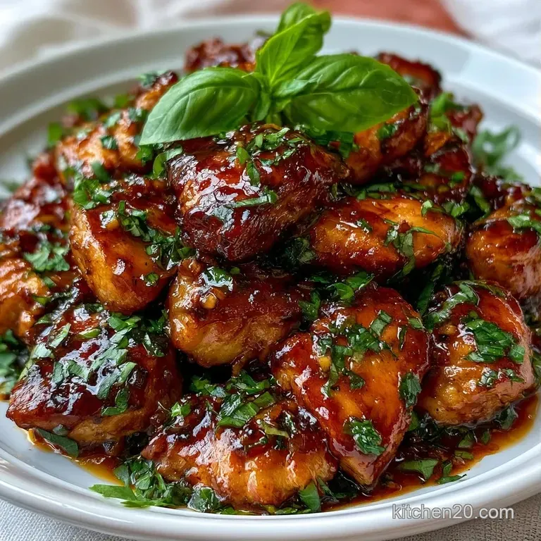 Glazed chicken breast topped with aromatic basil on a white ceramic plate with steamed jasmine rice and sliced lime.