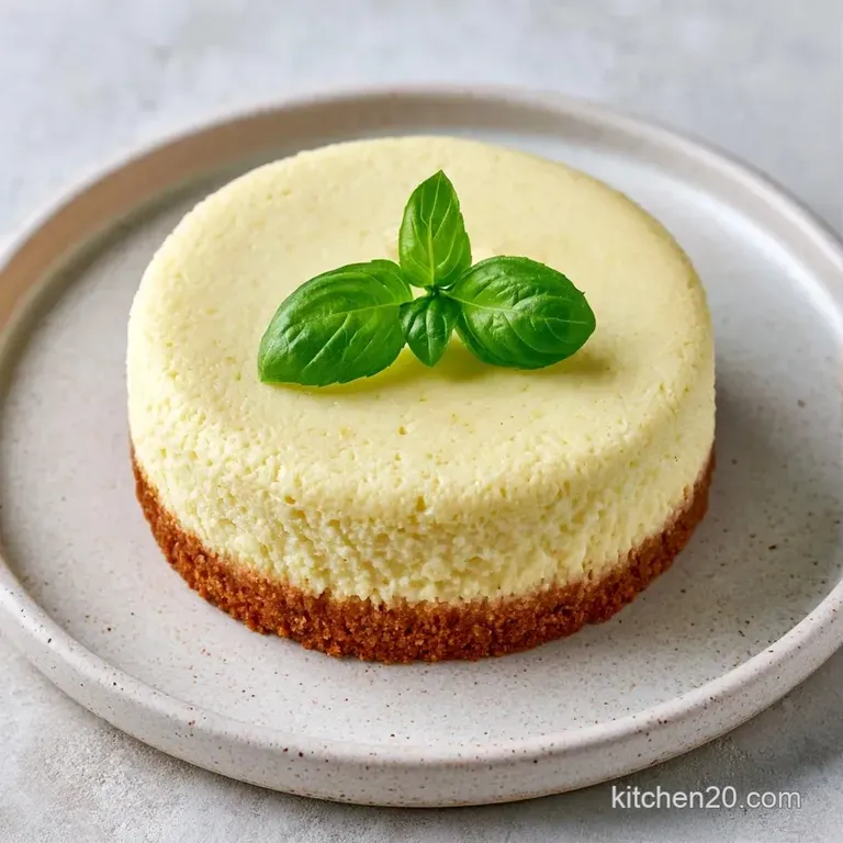 A slice of pale yellow cake on a white marble plate, topped with lemon zest and tiny basil leaves in a light drizzle.