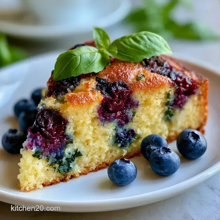 A slice of golden cake on a white plate, adorned with vibrant blue berries and a swirl of creamy white sugar glaze.