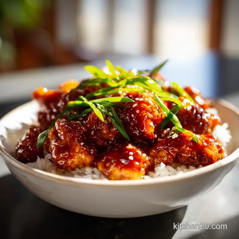 Glossy, tender chicken thighs artfully arranged atop fluffy rice, accented by vibrant green onions and a glistening sauce.