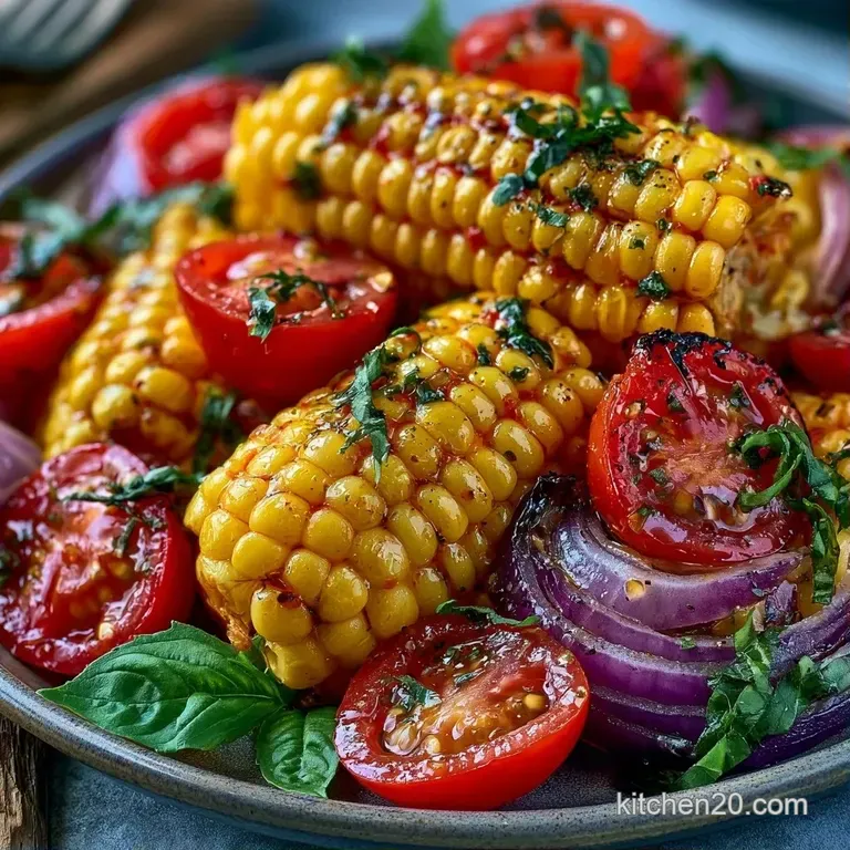 Vibrant corn and tomato mixture served in a white ceramic bowl with a drizzle of olive oil and cracked black pepper.