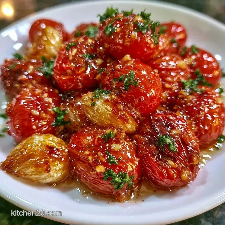 Vibrant red roasted tomatoes drizzled with honey and garnished with fresh thyme on a minimalist white ceramic plate.