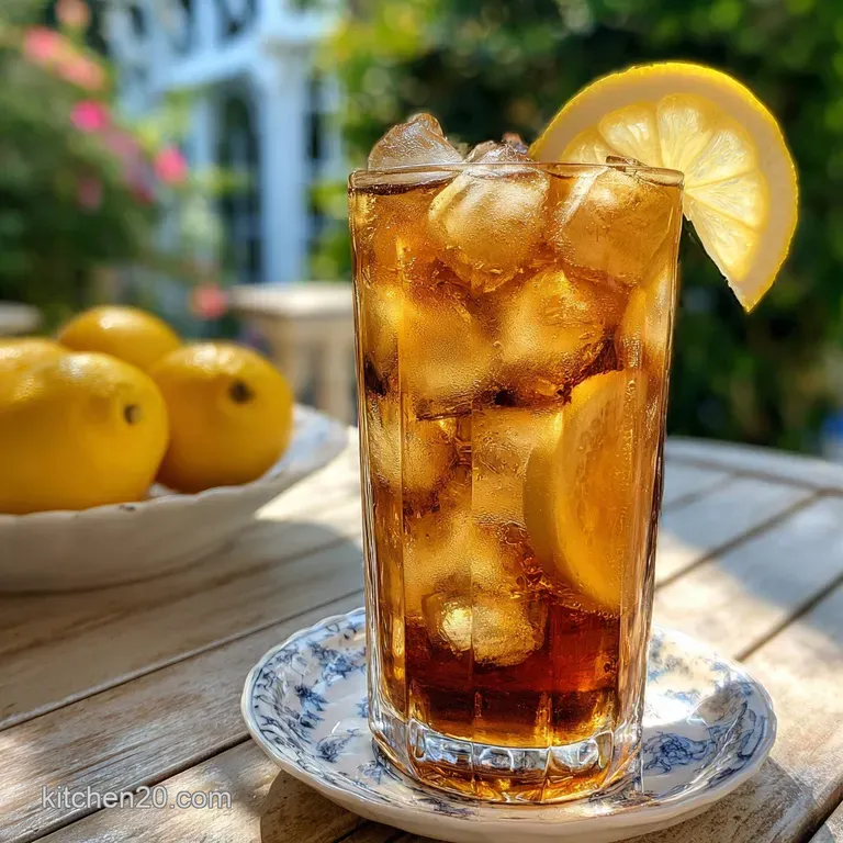 Tall glass of chilled amber tea, lemon wedge garnish, glistening ice cubes. Condensation trails on the glass invite a refr...
