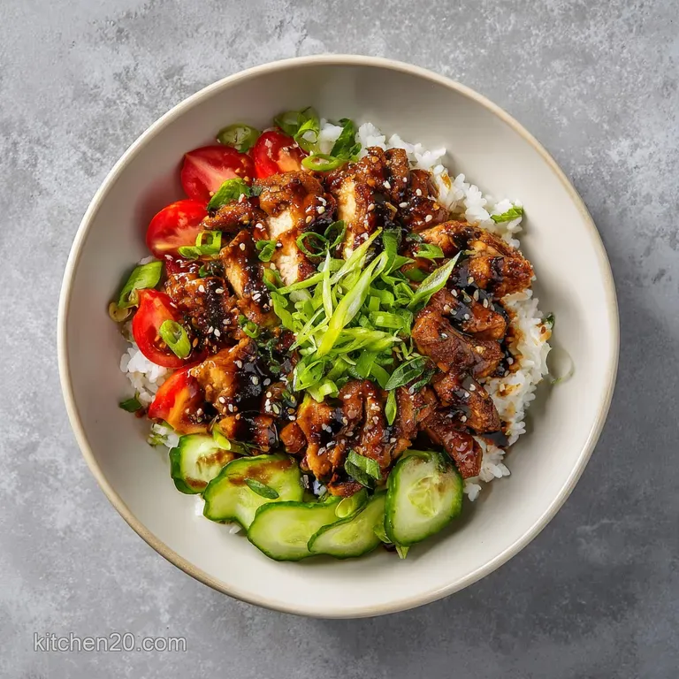 A beautifully arranged turkey rice bowl featuring a caramelized teriyaki glaze, bright green broccoli, and a scattering of...