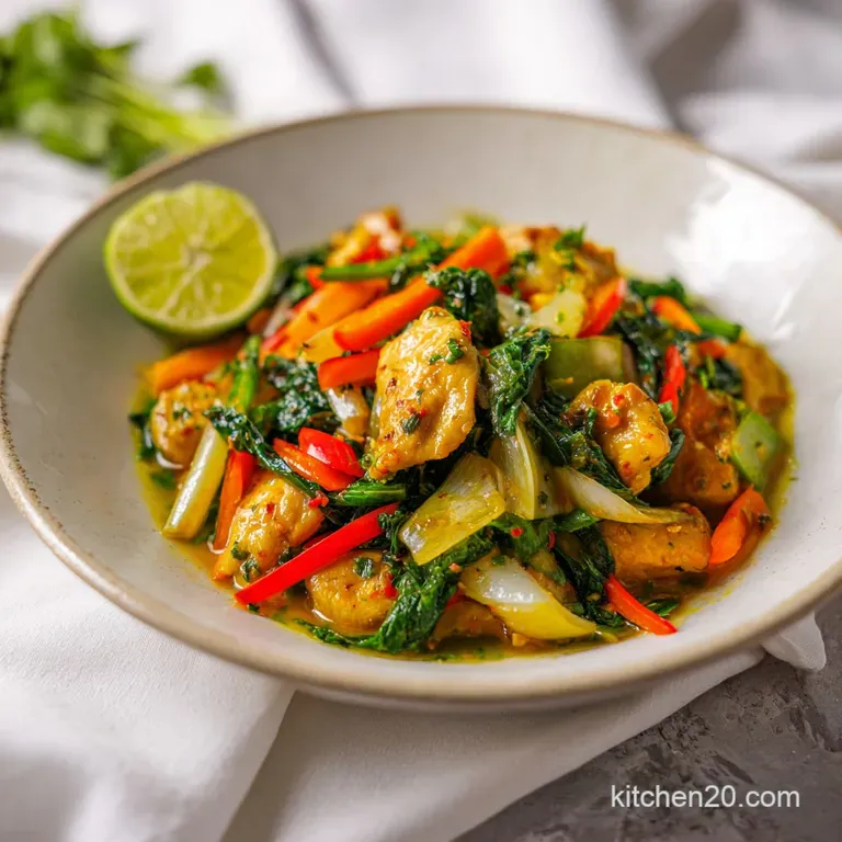 Artfully plated chicken and broccoli in a rich green curry, topped with thinly sliced chilies.