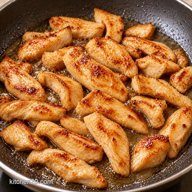 Sautéed sliced chicken breast with golden brown edges in a skillet.