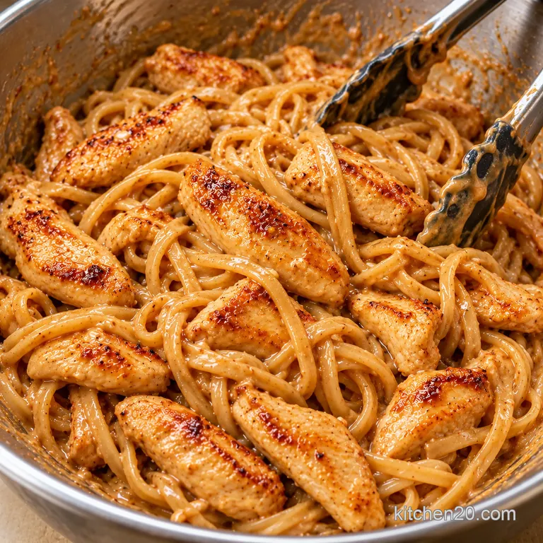 Rice noodles and cooked chicken tossed with creamy peanut sauce in a large bowl.