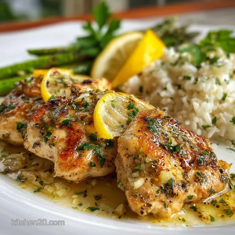 Elegant plate featuring juicy lemon garlic chicken breast, vibrant green broccoli, and drizzled sauce.