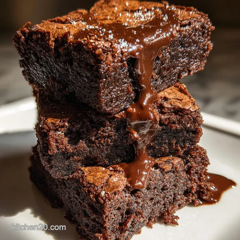 Glossy, dark chocolate brownie square with powdered sugar dusting. Set on a small white plate, ready to serve and savor.