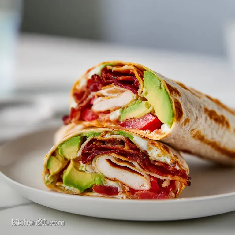 Two sliced tortilla wraps arranged on a white plate, showing layers of smoky bacon, fresh greens, and red tomatoes.