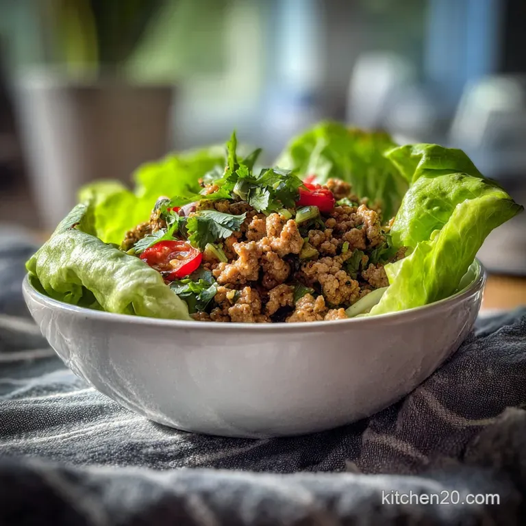 A single lettuce leaf overflowing with savory ground turkey, topped with bright, crisp vegetables and a drizzle of creamy ...