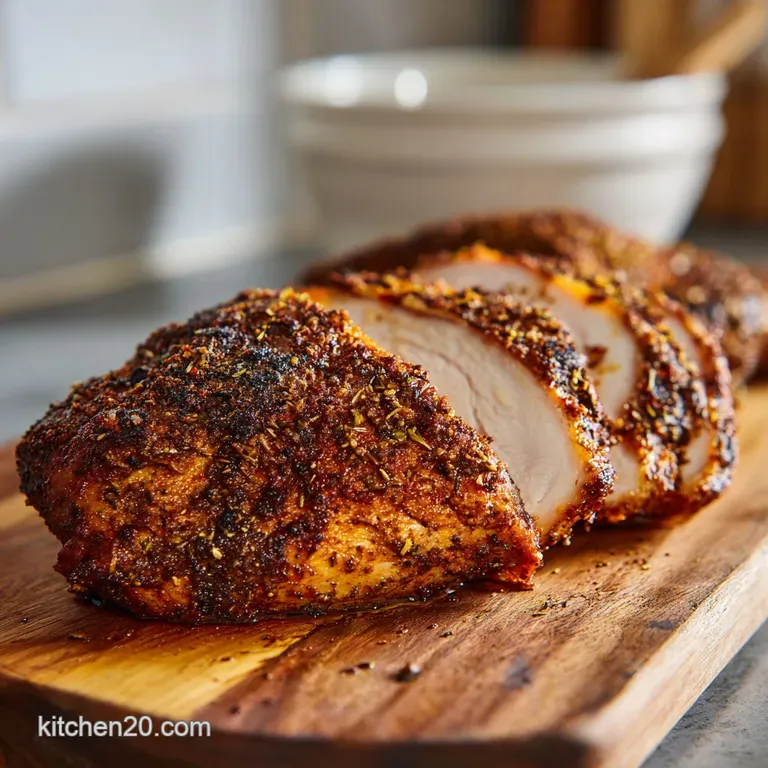 Sliced roasted turkey on a white plate. The juicy, tender meat is surrounded by golden-brown crispy skin and fresh herbs.