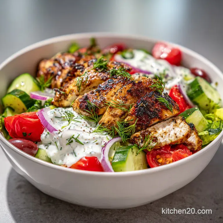 Plated chicken salad with dollops of tzatziki, bright tomatoes, cucumbers, and parsley. A drizzle of olive oil glistens on...
