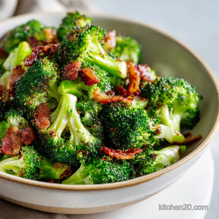 A rustic bowl overflowing with broccoli, bacon, and cheese, with a drizzle of creamy dressing cascading down.