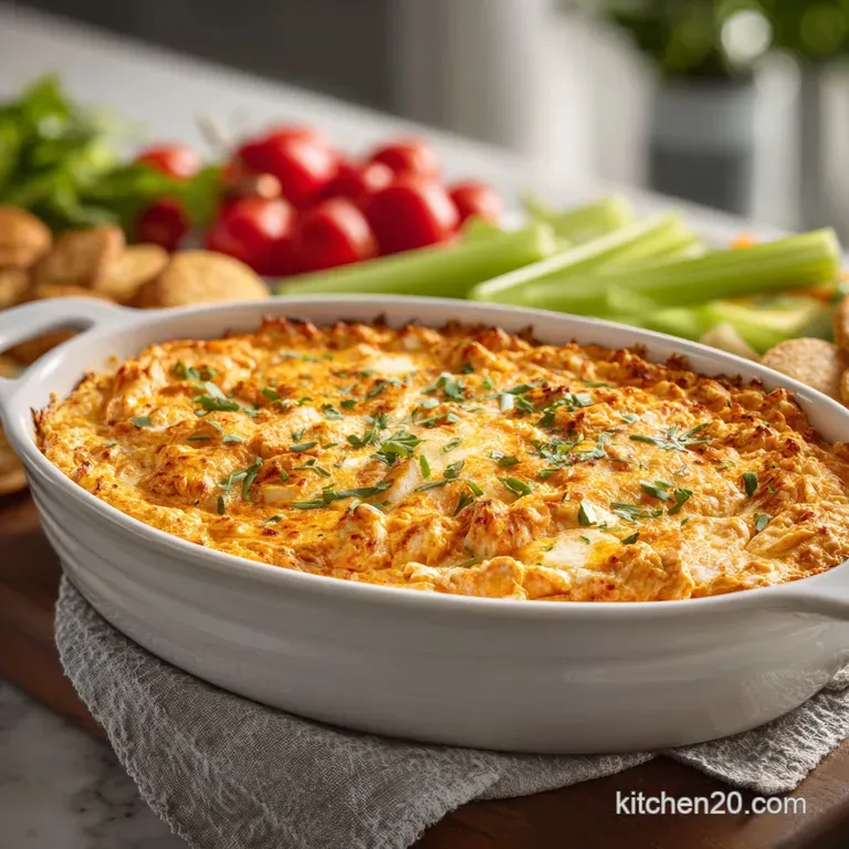 Buffalo chicken dip in a rustic dish, garnished with fresh herbs, surrounded by crunchy celery sticks and golden tortilla ...