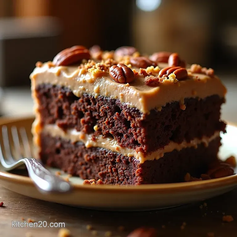 The Ultimate Decadent German Chocolate Cake with Rich Gooey Pecan Frosting presentation