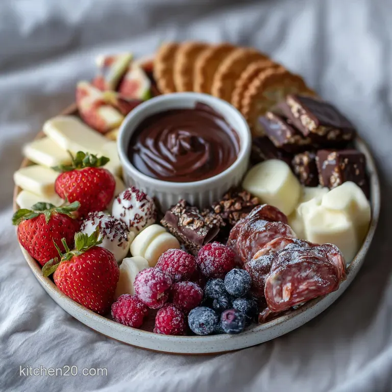Artfully arranged Valentine's Day charcuterie board featuring chocolate-covered strawberries, creamy brie, and a scatterin...