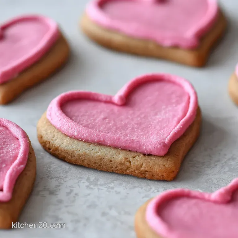 Single heart cookie, soft pale pink frosting, arranged on a white plate with delicate powdered sugar dusting.