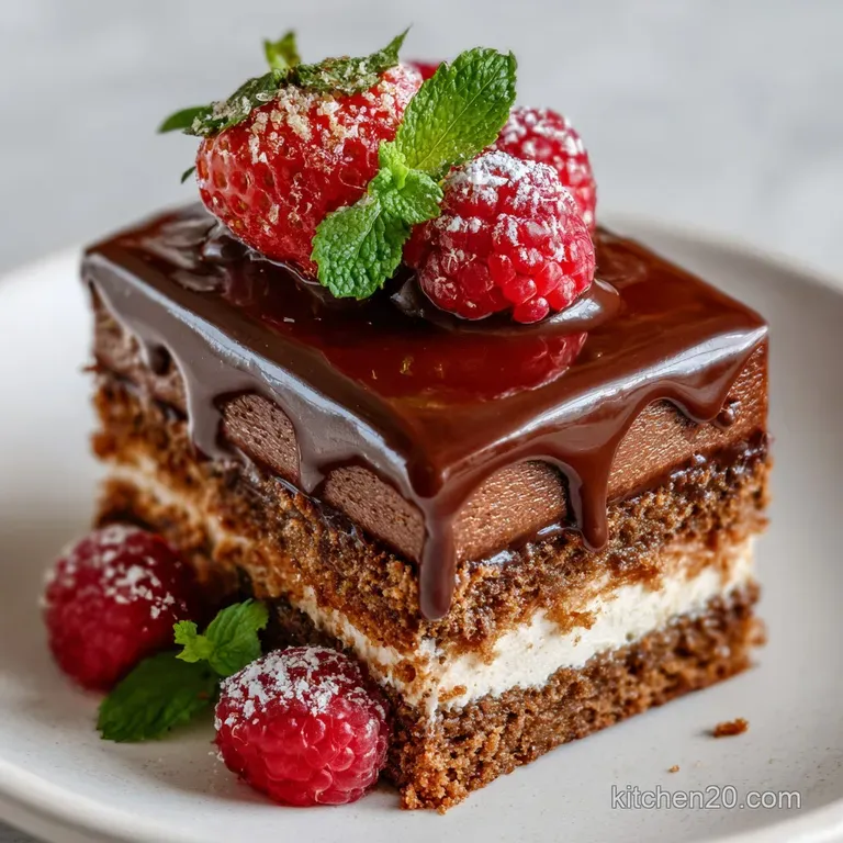 Slice of fudgy chocolate dessert resting on a plate with a dollop of cream and cocoa powder. Warm and inviting with a soft...