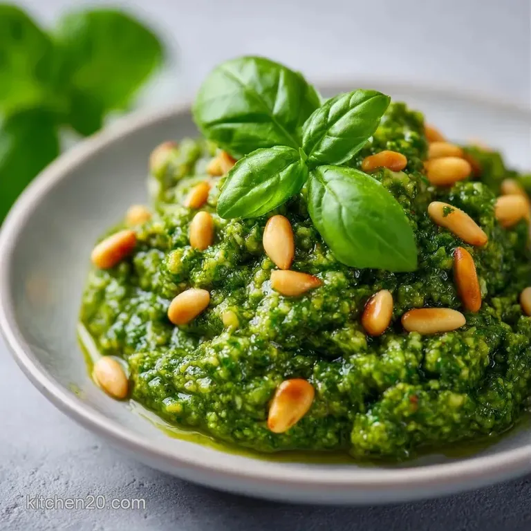 Swirls of bright green herb sauce on a white plate, garnished with a sprig of fresh basil and a drizzle of oil.