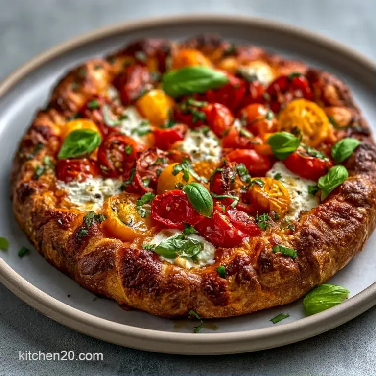 A slice of savory tomato tart with buttery pastry and roasted tomatoes served on a white plate with fresh basil.