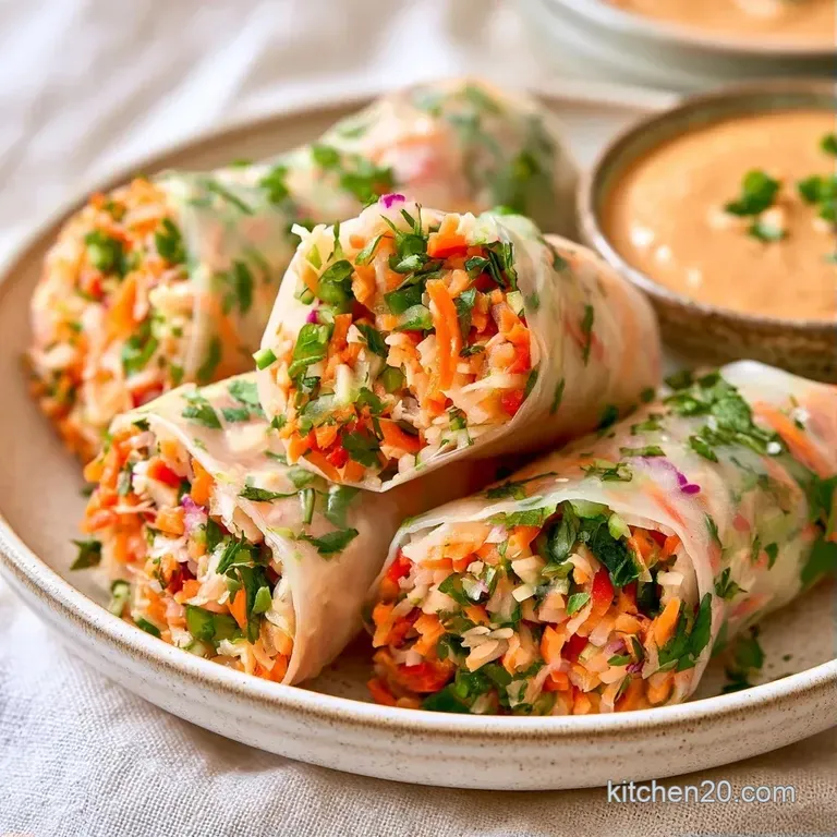 Three fresh rolls arranged on a white ceramic plate beside a small bowl of glossy, amber-colored peanut sauce.