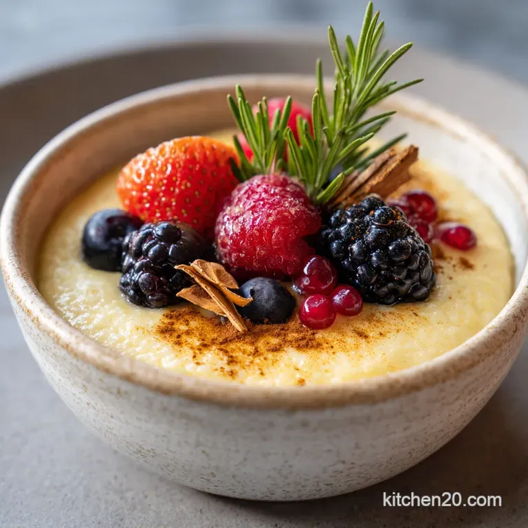 Elegant bowl of custard oatmeal, garnished with vibrant berries and a delicate mint sprig, dusted with cocoa.